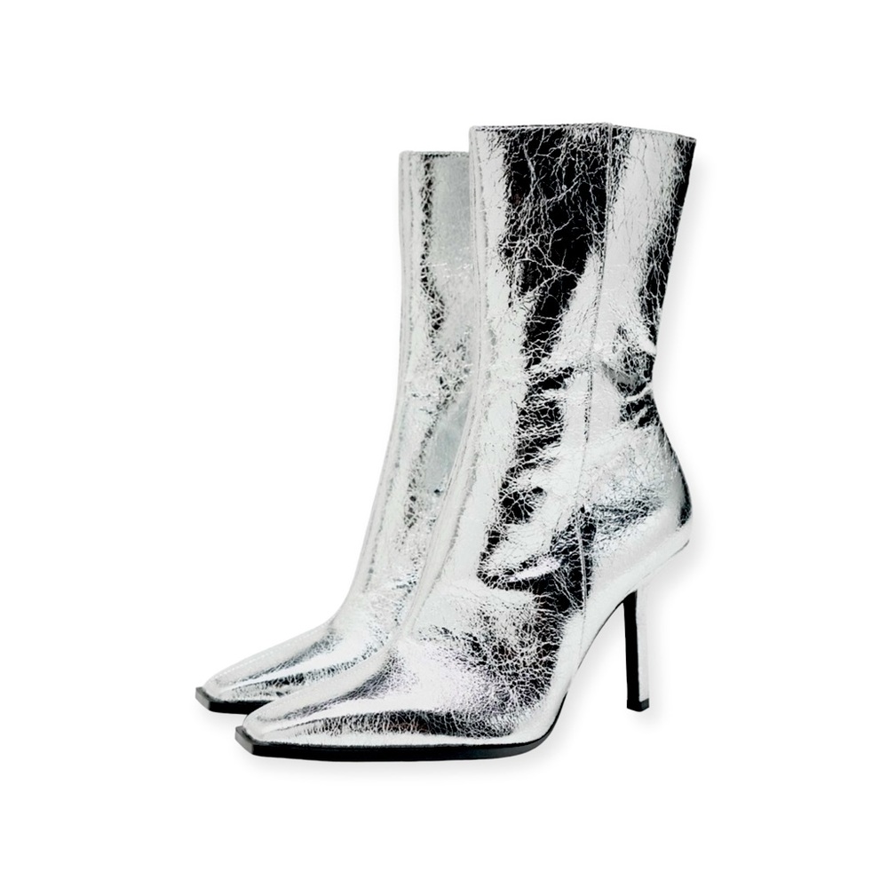 ZARA Silver Metallic Stiletto Heeled Square-toe Boot